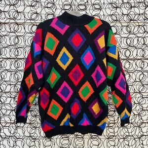 Vintage 80s bold neon argyle diamond geometric sweater primary color